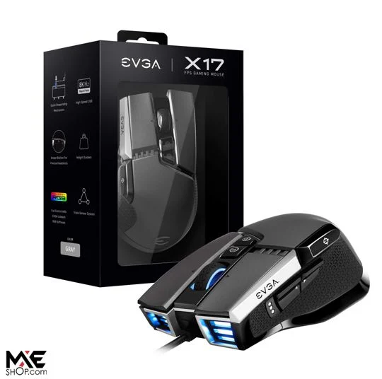 EVGA X17 Gaming Mouse, Wired, Grey, Customizable, 16,000 Dpi, 5 Profiles, 10 Buttons, Ergonomic